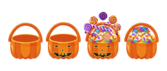 Set of Halloween baskets, full of candy and empty. Bag in the shape of a pumpkin for children. Halloween sweets and treats basket. Cartoon vector illustration.