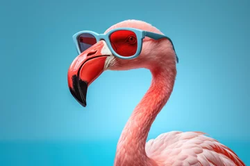 Foto op Plexiglas Portrait of a flamingo wearing blue sunglasses on a light blue isolated background  © fogaas