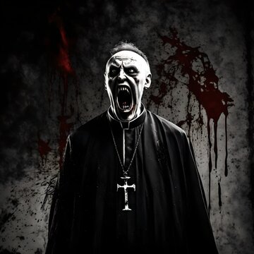 Black and white illustration of an evil scary Halloween zombie priest screaming with blood splatters in the background