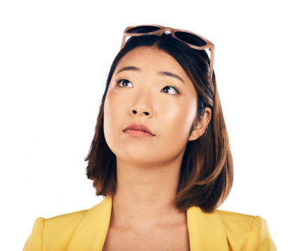 Thinking, face and woman with why, questions or strategy on isolated, transparent and png background. Choice, decision and Japanese model planning, brainstorming or idea for problem solving solution