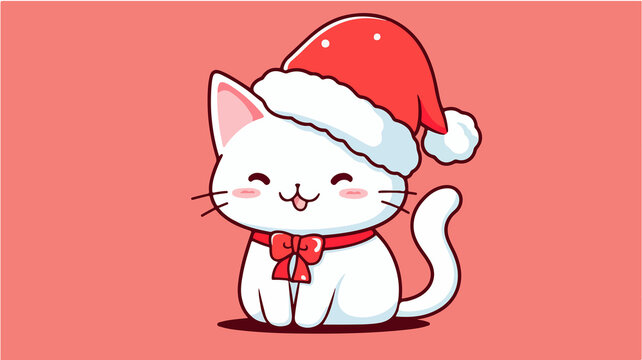 Hand drawn cartoon illustration of cute cat wearing Santa hat
