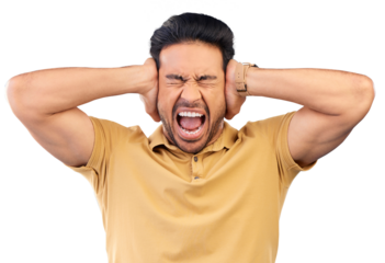 Angry man covering his ears for screaming with upset or mad face expression in argument. Crazy, shout and male model with an open mouth for loud voice gesture isolated by transparent png background.