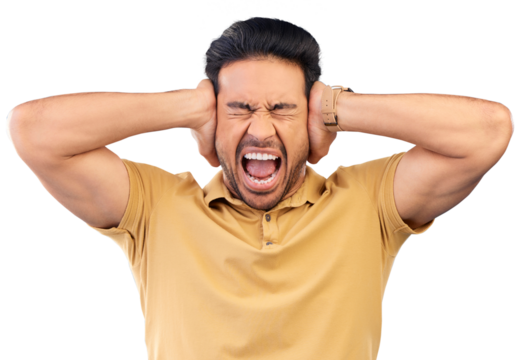 Angry man covering his ears for screaming with upset or mad face expression in argument. Crazy, shout and male model with an open mouth for loud voice gesture isolated by transparent png background.