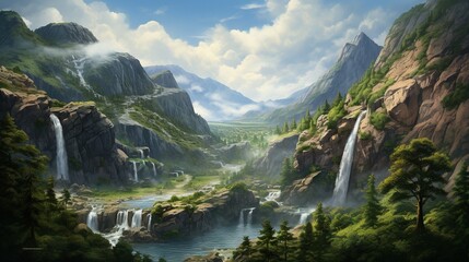  a painting of a mountain landscape with a waterfall and forest.  generative ai