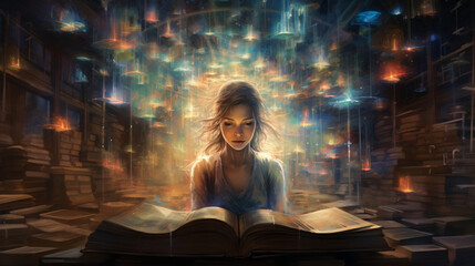 A girl sitting on a stack of books. he is reading a book. a mess over his head. representing the...
