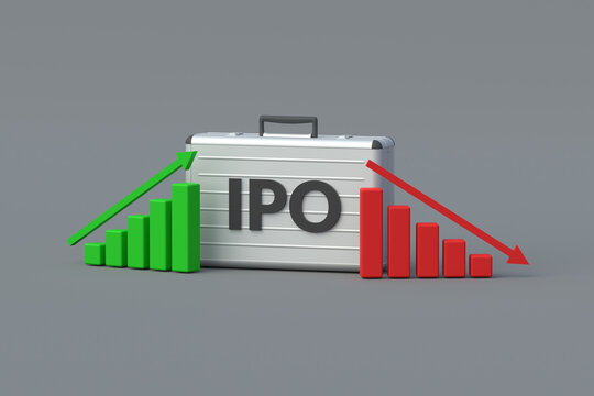 IPO word in suitcase near rising and falling graphs. Public initial offering. Going public stock market. Connecting new companies. 3d render