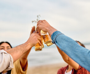 fun beach summer youth friend young friendship beer drink alcohol cheer happiness woman group beverage toast holiday bottle vacation sea - Powered by Adobe