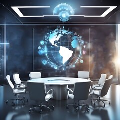 Modern Empty Meeting Room with Conference Table with white executive chairs with a transparent blue and silver globe in above middle and futuristic technology elements around it in blurred background