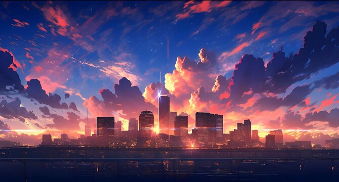 Sunset in the city, anime wallpaper, digital art.