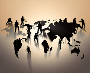 silhouette illustration of business people with world map. Generative AI