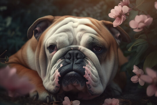 Image of a bulldog surrounded by colorful flowers. Pet, Animals. Illustration, Generative AI.