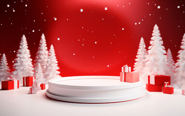Minimal scene with balls, snow, gifts and pine trees for Christmas product presentation. 3D render for social media. Stage decorated for Christmas.