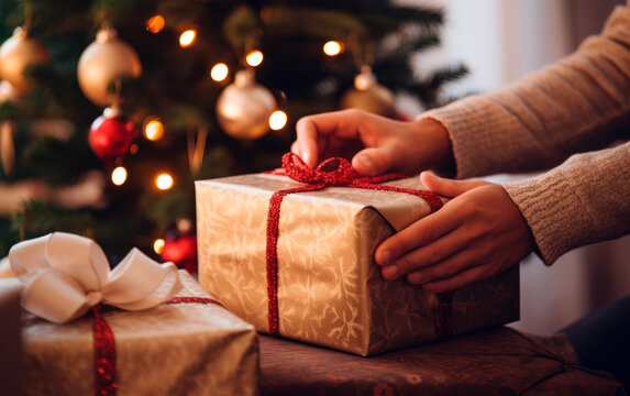 Close up of hands wrapping Christmas gifts.