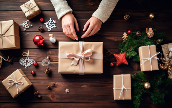 Top view of hands wrapping Christmas gifts over wooden surface.