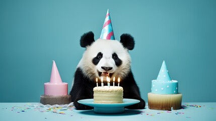  a panda bear sitting in front of a cake with candles.  generative ai