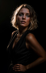 Fototapeta premium photo of woman wearing a black dress on black background, generative AI