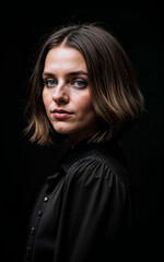 photo of woman wearing a black dress on black background, generative AI