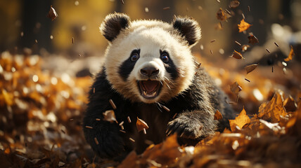 cute wild panda Chinese bear in the autumn landscape of the forest, running enjoying and scattering...