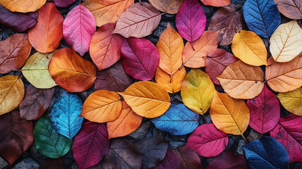 Fototapeta na wymiar texture multicolored fallen leaves spectrum tiles, abstract bright autumn background leaf fall
