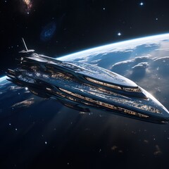  a futuristic ship floating in the air over a planet with stars.  generative ai