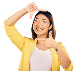 Happy asian woman, portrait and hands framing face for photography isolated on a transparent PNG...
