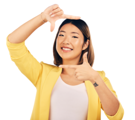Happy asian woman, portrait and hands framing face for photography isolated on a transparent PNG background. Female person or photographer smile with frame for photograph, picture or selfie moment
