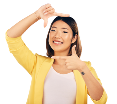 Happy asian woman, portrait and hands framing face for photography isolated on a transparent PNG background. Female person or photographer smile with frame for photograph, picture or selfie moment
