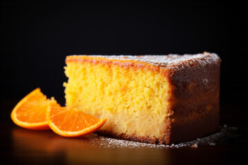 Citrus orange cake bakery with sugar powder on bark backdrop. Homemade cooking concept