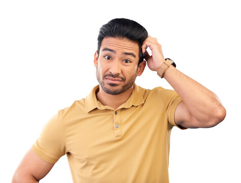 Confused, portrait and man with a question, why or decision for problem solving in a crisis on isolated, transparent or png background. Thinking, face and person unsure about solution or choice