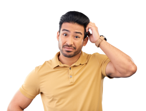 Confused, portrait and man with a question, why or decision for problem solving in a crisis on isolated, transparent or png background. Thinking, face and person unsure about solution or choice