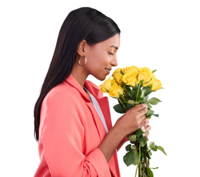 Smell, profile and happy woman with flowers isolated on transparent png background. Smile, roses and girl with floral spring bouquet as present for celebration of love, romance and gratitude reward. - Powered by Adobe