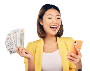 Happy, money and woman with phone for investment cashback on isolated, transparent and png...