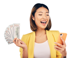 Happy, money and woman with phone for investment cashback on isolated, transparent and png background. Bingo, poker and asian lady winner with casino cash award, gambling or smartphone app success