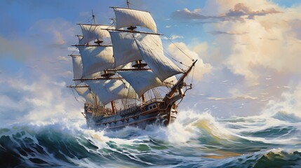  a painting of a sailing ship in rough seas with a cloudy sky.  generative ai