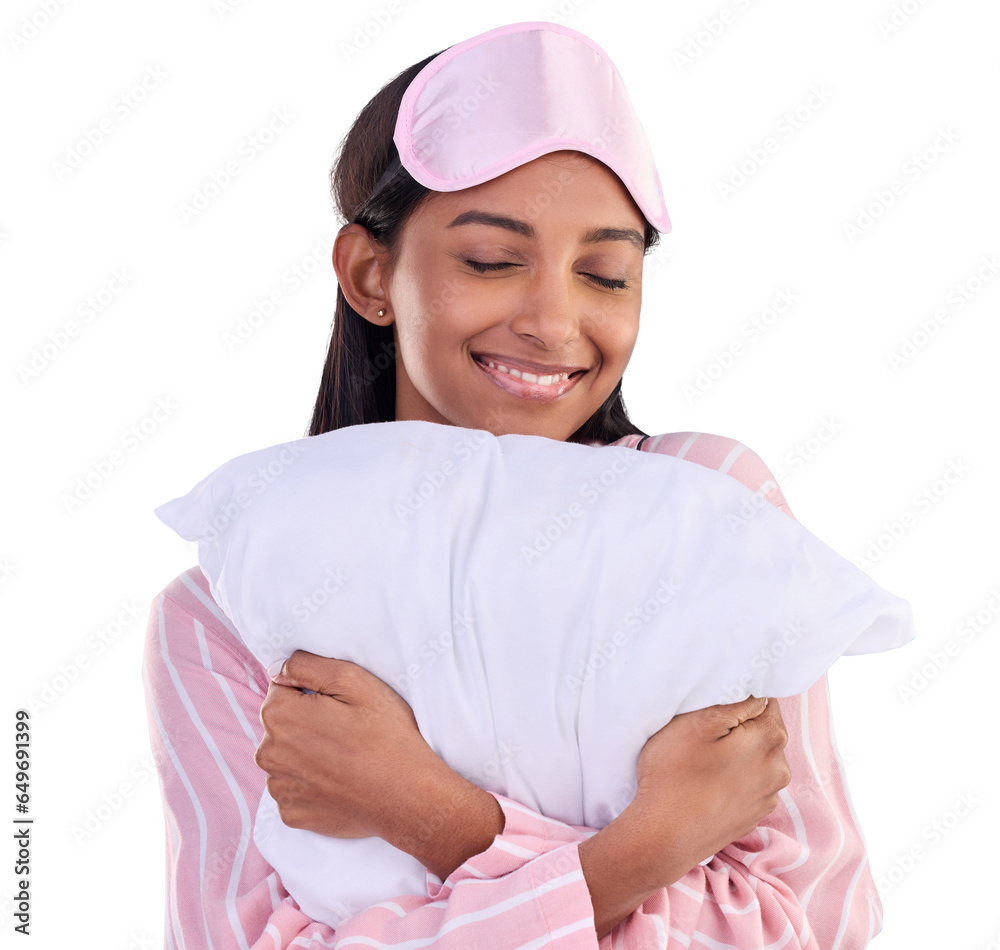 Sticker Pillow, hug and happy woman with pajamas, sleep mask and fashion on isolated, transparent or png background. Girl, sleepover or happiness on face with comfortable clothes or skincare for bed or night