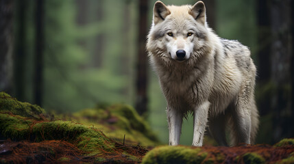 A gray wolf in the woods.