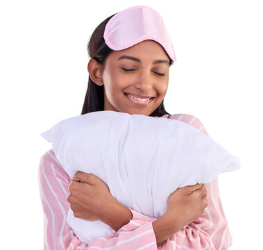 Pillow, hug and happy woman with pajamas, sleep mask and fashion on isolated, transparent or png background. Girl, sleepover or happiness on face with comfortable clothes or skincare for bed or night