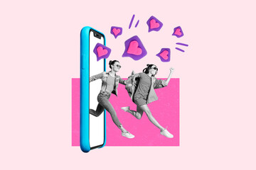Collage creative illustration of crazy funky two friends phone display screen go fast hurry sale...