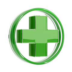 Green pharmacy cross symbol, isolation on white. 3D illustration
