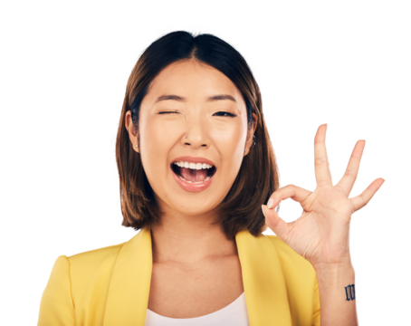 Isolated woman, ok sign and wink in portrait with smile, icon and good service review by transparent png background. Japanese entrepreneur, model and emoji for vote, feedback or opinion for approval