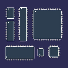 An assortment of microchip icons, highlighting integrated circuits, set against a dark backdrop in vector format.