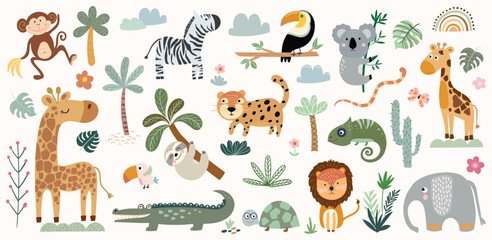 Safari animals and vegetation collection with cute elements isolated on white, baby kids nursery, vector design - obrazy, fototapety, plakaty