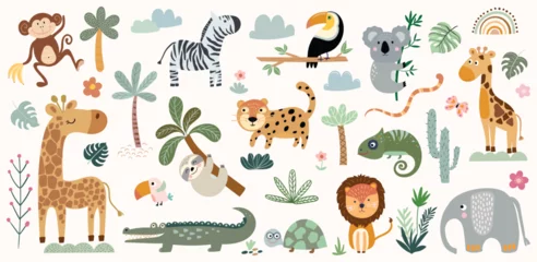 Foto op Plexiglas Safari animals and vegetation collection with cute elements isolated on white, baby kids nursery, vector design © lilett