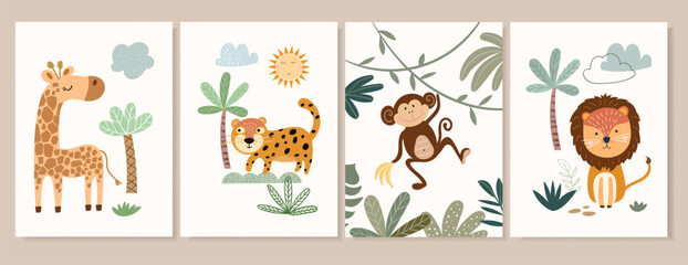 Safari posters, cards design with cute animals, baby kids nursery, decorative wall decor, lion, monkey, giraffe, tiger - obrazy, fototapety, plakaty