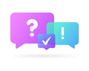 Reaction message bubbles. Flat, color, message bubble, question mark, exclamation mark, check mark in the bubble. Vector icons