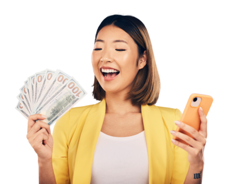 Phone, winner and happy woman with money, investment or success on isolated, transparent or png background. Cash, prize and excited Japanese lady winner with smartphone app for poker, bingo or casino