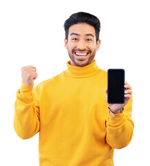 Happy asian man, portrait and phone in winning, celebration or deal isolated on a transparent PNG...