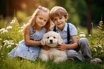 Fototapeta premium A heartwarming family scene: A group of children, along with their cute Pomeranian pet, enjoying a beautiful sunset in the park, radiating happiness and love.