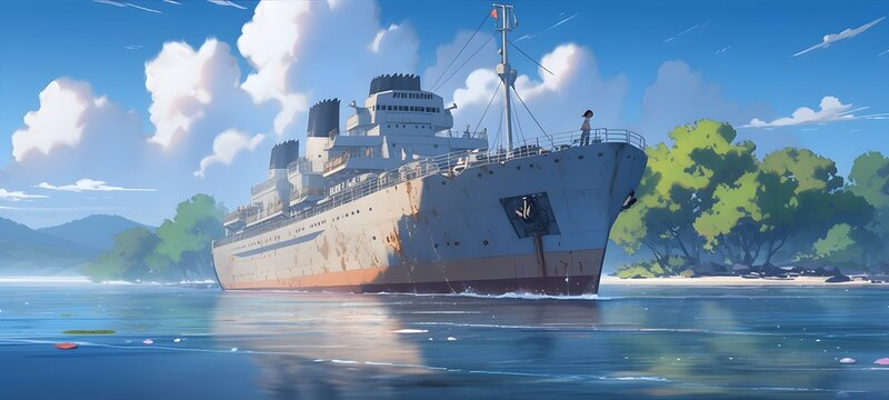 Old abandon shipwreck in the sea. Anime Style.
