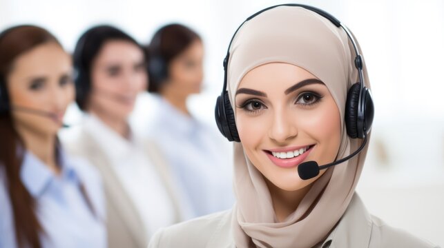 A muslim woman in jijab is wearing a headset. Call center operator. Imaginary photorealistic image.